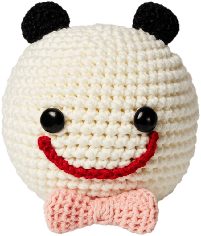 Kuno, a hand-crocheted panda plushie with a pink bow